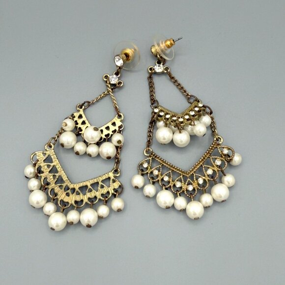 Brass Pearl Chandelier Drop Dangle Earrings Rhinestone Long - Picture 6 of 7